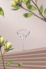 Chic Illustration of Martini Glass on Countertop with Fresh Flowers.