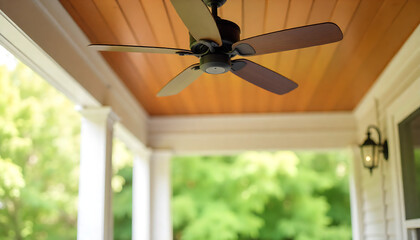 Brown ceiling fan installed on a summer porch with empty space for text, created with generative ai	
