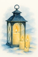 Obraz premium A vintage lantern casts a warm, inviting glow amidst a cluster of lit candles, creating a serene and cozy atmosphere. The soft watercolor illustration exudes warmth.