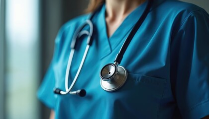 Close-up on doctor wearing blue medical scrubs with stethoscope. Medical pro is ready for diagnosis and patient care. This image represents healthcare, medicine, and hospital settings.