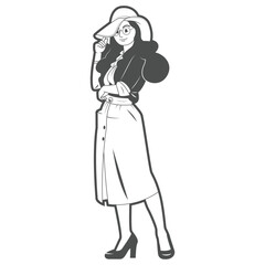 Elegant Woman in Hat and Dress Illustration – Stylish Female Character in Monochrome Vector Design