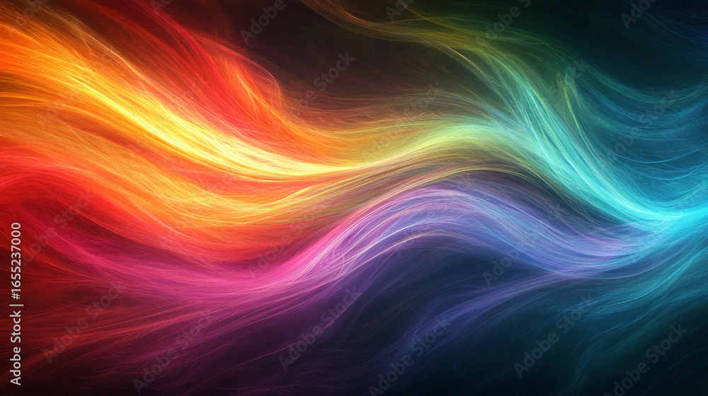 Poster rainbow colored abstract wave with flowing vibrant colors, dynamic motion and gradient design, moder