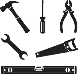 Hammer screwdriver wrench pliers saw level vector