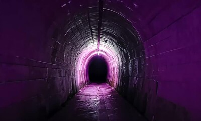Hypnotic Purple Light Pulsating Through Mysterious Dark Arched Tunnel Passage. - Powered by Adobe