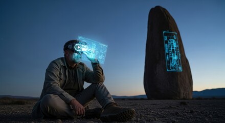 Futuristic exploration: young caucasian male using augmented reality tech at rock formation
