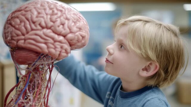 Young childs fascinated face lights up while engaging with the brain area of a lifesize interactive body model commemorating 150 years of health system milestones blurred peers