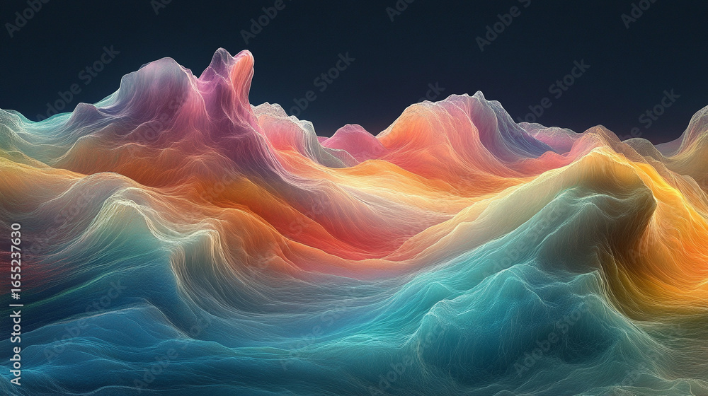 Poster rainbow colored abstract wave with flowing vibrant colors, dynamic motion and gradient design, moder