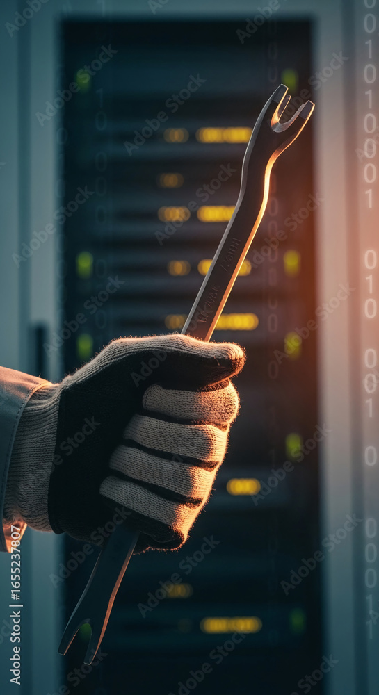 Poster gloved hand holds server tool against blurred server rack background, binary code visible, depicting