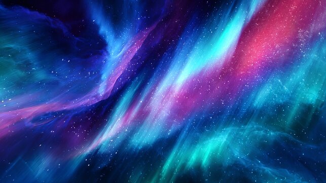 A breathtaking cosmic symphony unfolding with vibrant nebulous clouds, twinkling stars, and ethereal light dancing across the infinite expanse.