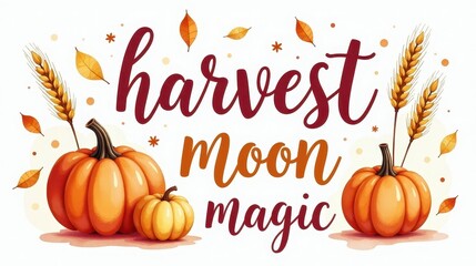 "Harvest Moon Magic" lettering  with watercolor illustration in soft pastel colors decorated with autumn elements pumpkins, wheat, apples, falling leaves, cozy rustic vibe