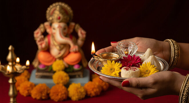 Woman's hands holding an aarti plate for Ganesh puja.