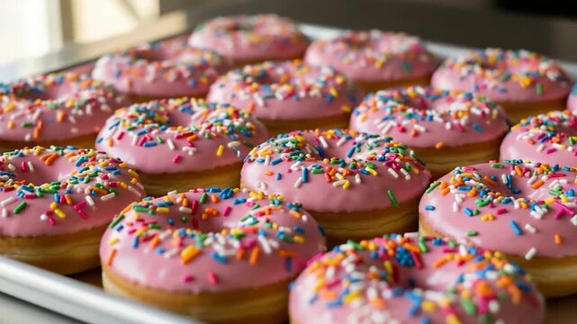 Tray of pink glazed donuts with colorful sprinkles in bakery shop under warm light