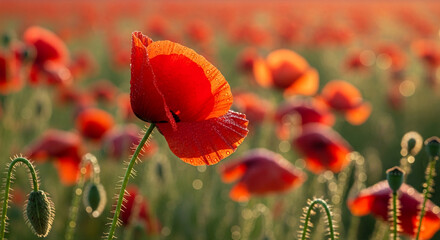 Close-up of red poppy flower with dew drops, showcasing vibrant color and delicate texture in a field of blurred poppies, representing nature's beauty and tranquility