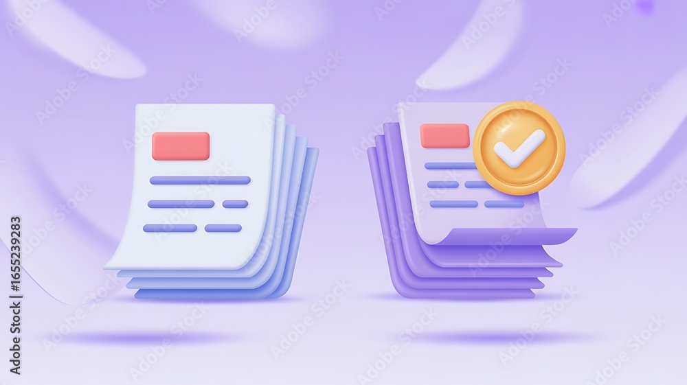 Fototapete stylized stack of documents with a checkmark for verification or approval process in a 3d rendering 