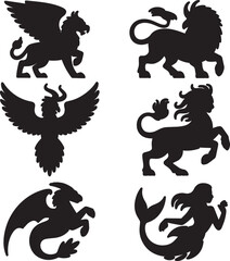Mythological creatures silhouettes griffins dragons phoenix mermaid vector