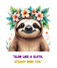 Watercolor Sloth Portrait with Floral Crown