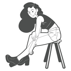 Vector illustration of stylish young woman sitting on a stool, casual fashion pose in monochrome design