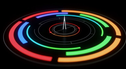 Circular neon graphic with central pointer, multicolored rings, dark background, suggesting technological interface, progress, or futuristic concept