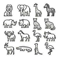 Silhouette wild animal icon set featuring lion, elephant, giraffe, zebra, rhino, cheetah, hyena, buffalo, horse, ostrich, crocodile, meerkat, flamingo, deer