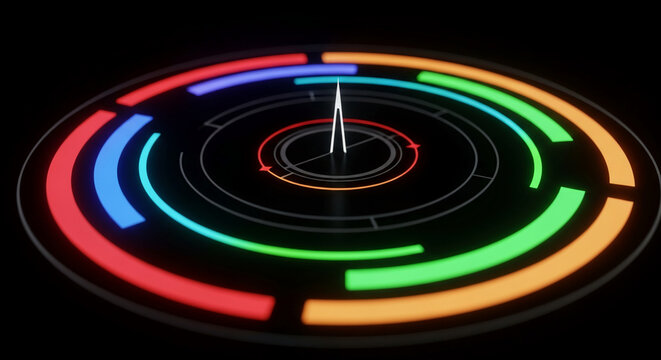 Circular neon graphic with central pointer, multicolored rings, dark background, suggesting technological interface, progress, or futuristic concept