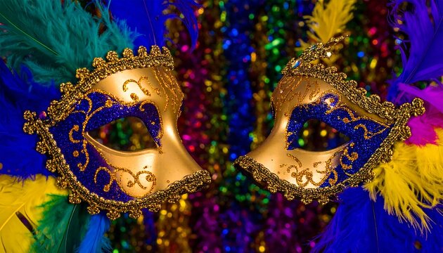 Two ornate carnival masks, adorned with gold trim and vibrant blue and gold glitter details, are showcased against a backdrop of colorful streamers and feathers.