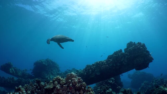 A large green sea turtle, Chelonia mydas, swims over a shallow reef in Hawaii.  A popular dive spot known as Mala Pier.  Divers swim in the background.