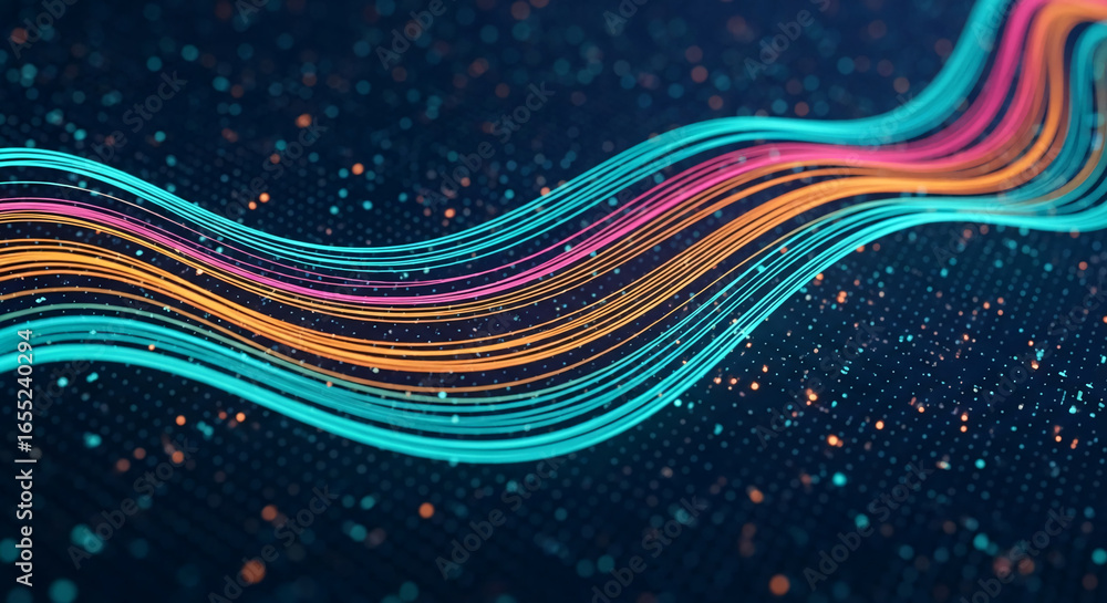 Poster abstract image of flowing, multicolored lines on dark background, creating dynamic, energetic visual
