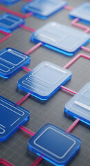 Abstract 3D render of interconnected blue glass squares, symbolizing network, connection, or data flow.  Clean, modern design ideal for tech or business concepts