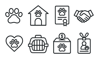 Silhouette animal shelter icon set featuring paw print, adoption, volunteer, certificate, donation, id badge