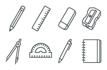 Obraz premium Linear school icon set featuring pencil, ruler, eraser, sharpener, compass, protractor, pen, notebook