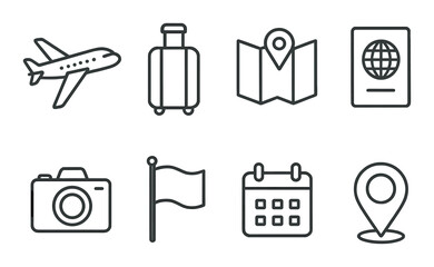 Silhouette travel icon set featuring airplane, luggage, map, passport, camera, flag, calendar, and location symbols