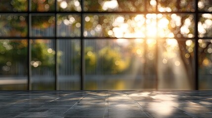 Empty room with large windows overlooking a garden scene at sunset.