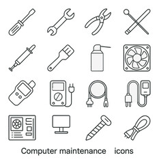 Obraz premium Silhouette computer maintenance icon set featuring fan, cable, screwdriver, wrench, pliers, and brush