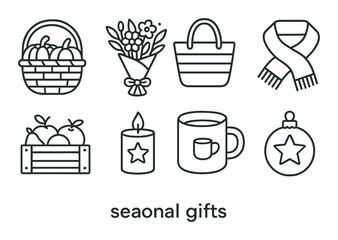 Linear seasonal gift icons set featuring basket, flowers, bag, scarf, apples, candle, mug, ornament