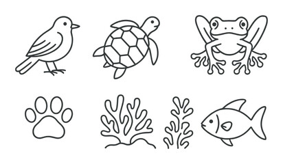 Fototapeta premium Silhouette icons set featuring bird, turtle, frog, paw, coral, seaweed, and fish