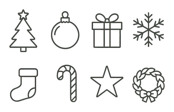 Linear christmas icon set featuring tree, ornament, gift, snowflake, stocking, candy cane, star, and wreath