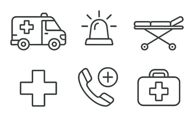 Linear emergency icon set featuring ambulance, siren, stretcher, medical cross, phone, and first aid kit