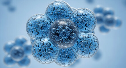 Close-up of translucent blue spheres filled with smaller bubbles, creating a complex, organic texture.  Represents science, technology, or skincare concepts