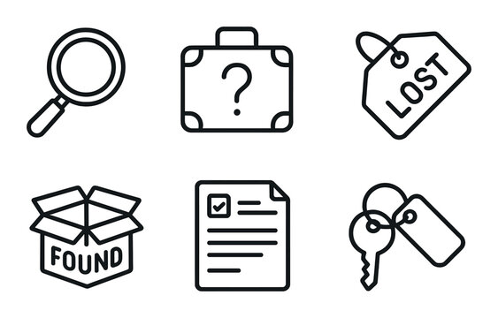 Silhouette lost and found icon set featuring magnifying glass, suitcase, tag, box, document, and keys