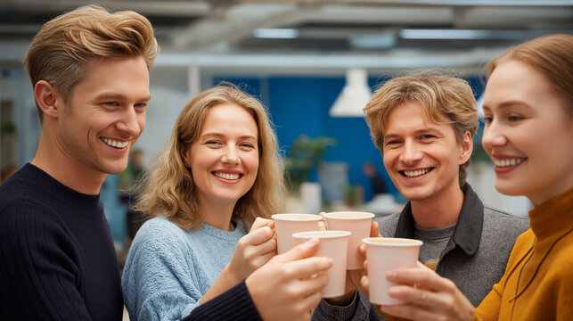 Group of young colleagues toasting with coffee cups in modern office   - Powered by Adobe