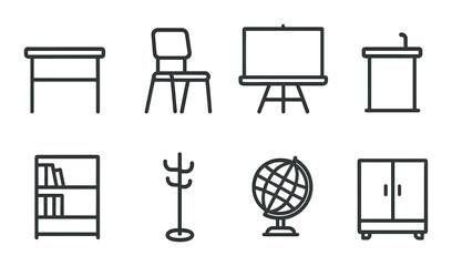Linear education icon set featuring desk, chair, board, podium, bookshelf, coat rack, globe, wardrobe