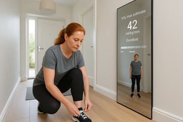 Empowered Woman Lacing Up for a Fitness Revolution and Smart Home Workout Experience with Intelligent Mirror Technology Displaying Excellent VO2 Max