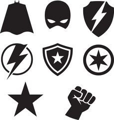 Superhero emblems cape mask shield star lightning fist vector © MOHAMMAD