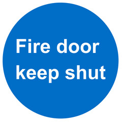 Transparent PNG file of blue and white vector graphic of a Fire door keep shut sign. It consists of a blue circle and information text