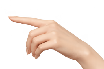 Female hand with index finger pointing forward, isolated on transparent background