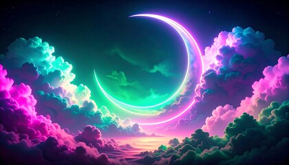 Neon-hued crescent moon glows brightly amidst vibrant cloudscapes at twilight.