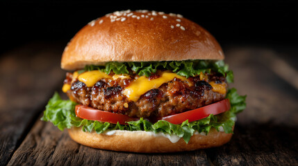Artistic shot of a towering burger with brioche bun, grilled patty, cheddar, lettuce, and a juicy tomato slice on top, photographed against a dark moody background with dramatic li