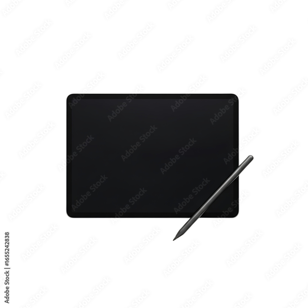 Poster a tablet with a blank screen and a stylus pen resting beside it in a centered presentation view shot