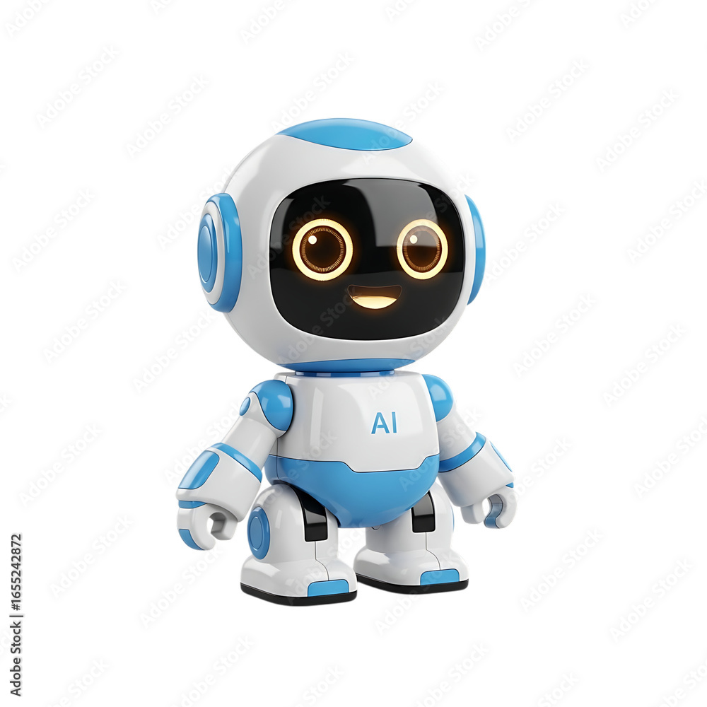 Poster isolated image of a small toy robot with white and blue accents and a smiling face and ai on its che