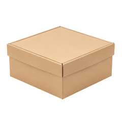 A closed rectangular cardboard box with a lid positioned at a slight angle in the frame view on transparent background